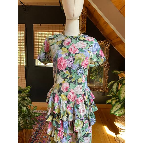 80s Party Dress Floral Ruffle - Picture 3 of 9